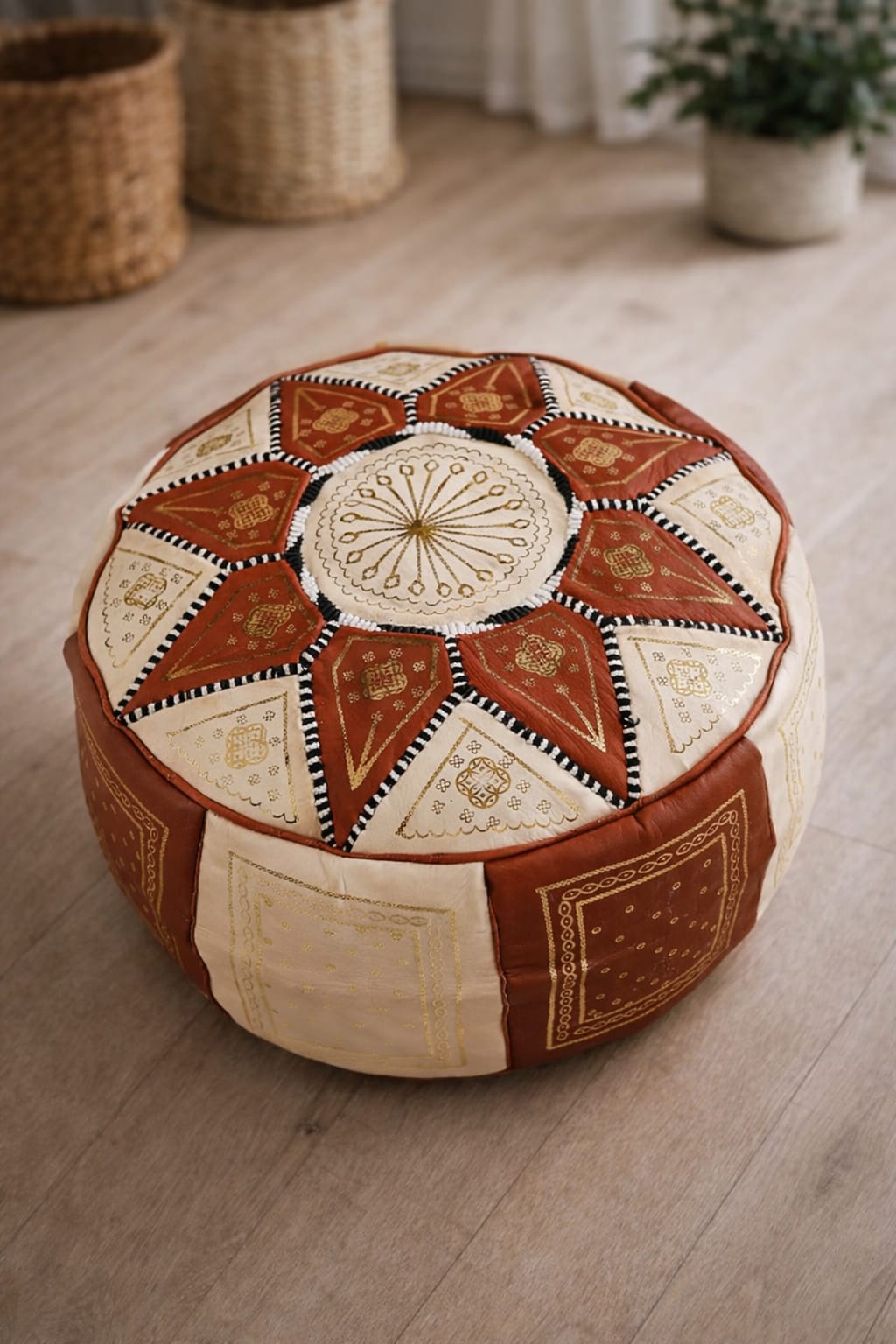 Moroccan Leather Pouf – Camel & Ivory (Hand-Embroidered)