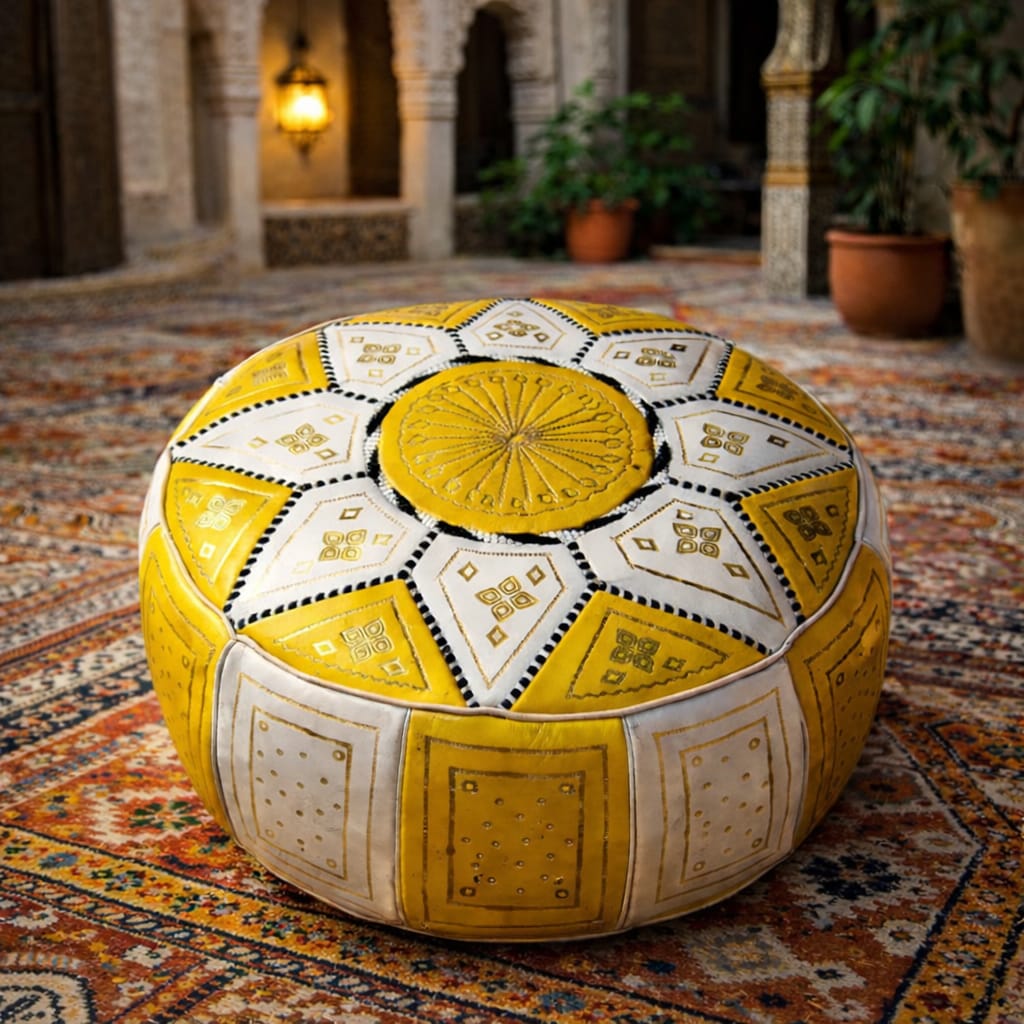 Yellow/White Moroccan Leather Pouf – Handmade from Genuine Leather