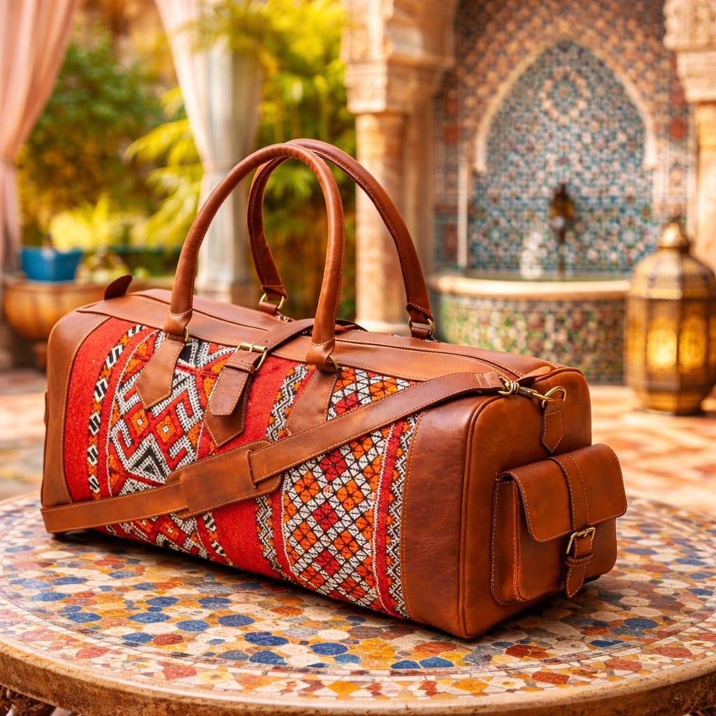 Luxury Moroccan Leather Travel Bag – Genuine Leather with Traditional Woven