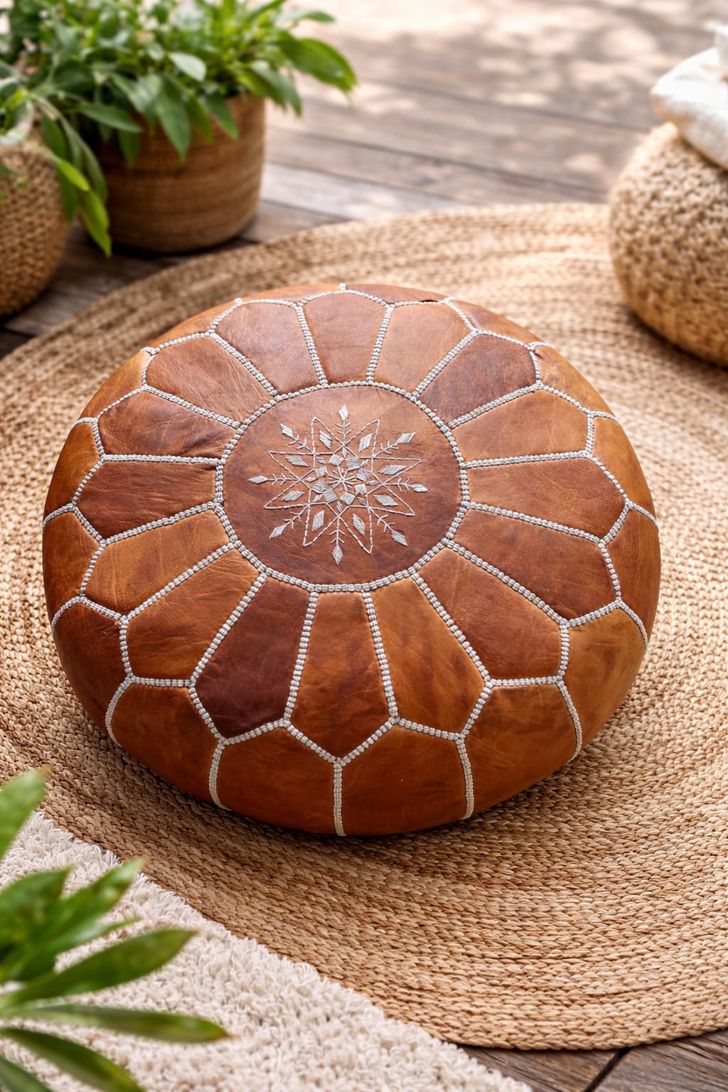 Moroccan Leather Pouf – Cognac Brown (Hand-Embroidered)