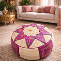 Moroccan Leather Pouf – Fuchsia & Ivory (Hand-Embroidered)