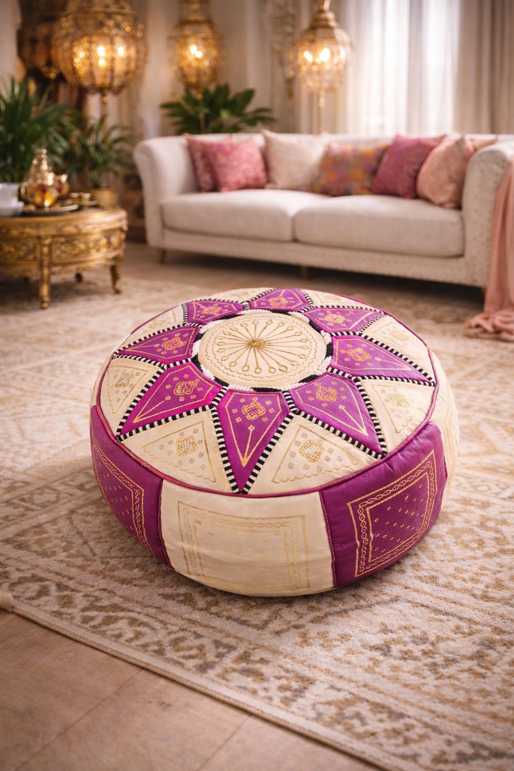 Moroccan Leather Pouf – Fuchsia & Ivory (Hand-Embroidered)