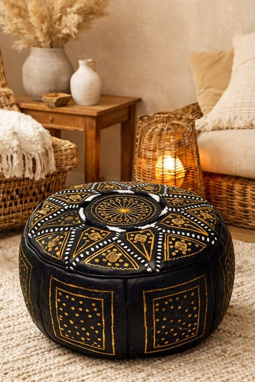 Moroccan Leather Pouf – Black & Gold (Hand-Embroidered)