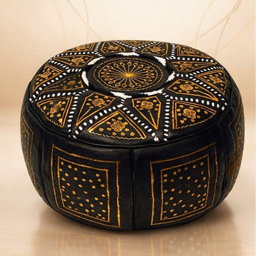 Moroccan Leather Pouf – Black & Gold (Hand-Embroidered)