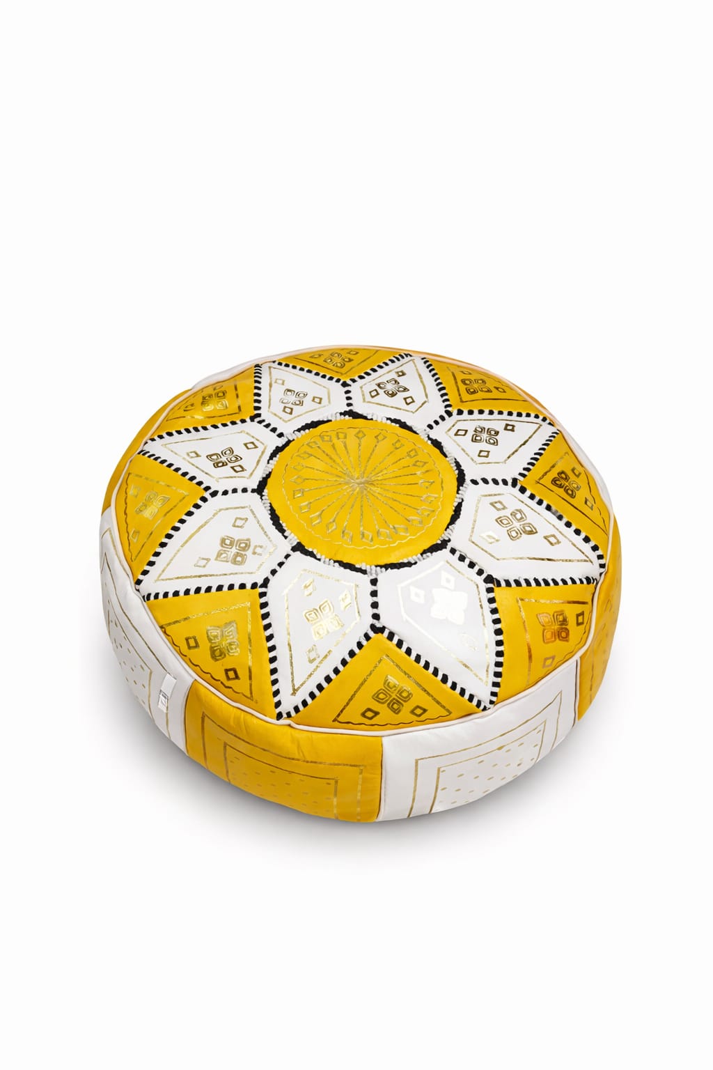 Yellow/White Moroccan Leather Pouf – Handmade from Genuine Leather
