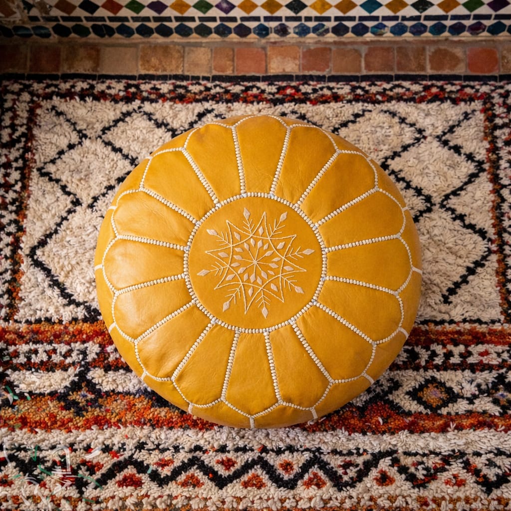 Yellow Moroccan Leather Pouf – Handcrafted with Precision from Genuine Leather
