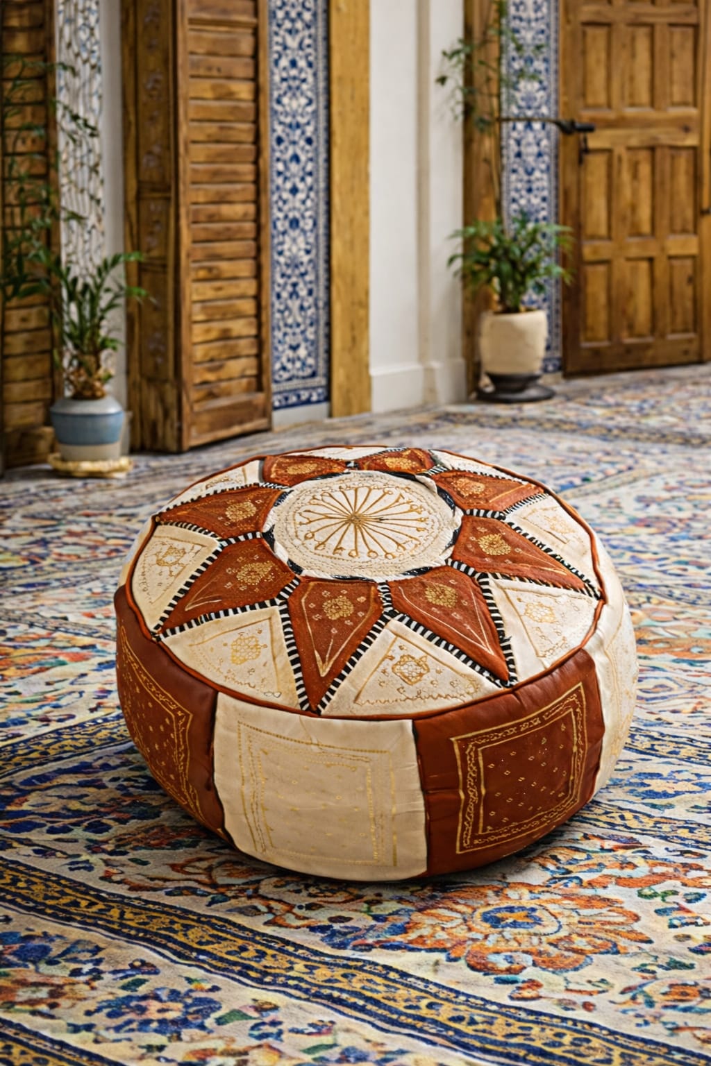 Moroccan Leather Pouf – Camel & Ivory (Hand-Embroidered)