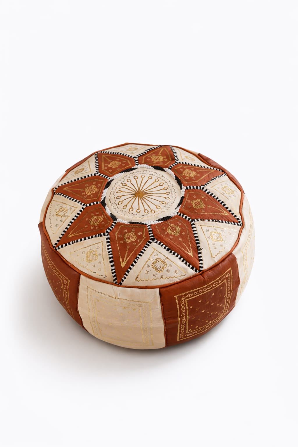 Moroccan Leather Pouf – Camel & Ivory (Hand-Embroidered)